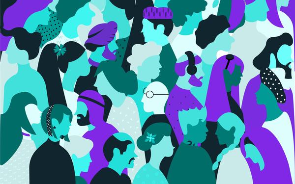 Animation graphic including the whole range of different people facing multiple different directions painted in the Cambridge brand colours of different shades of purple, aqua blue and black hues